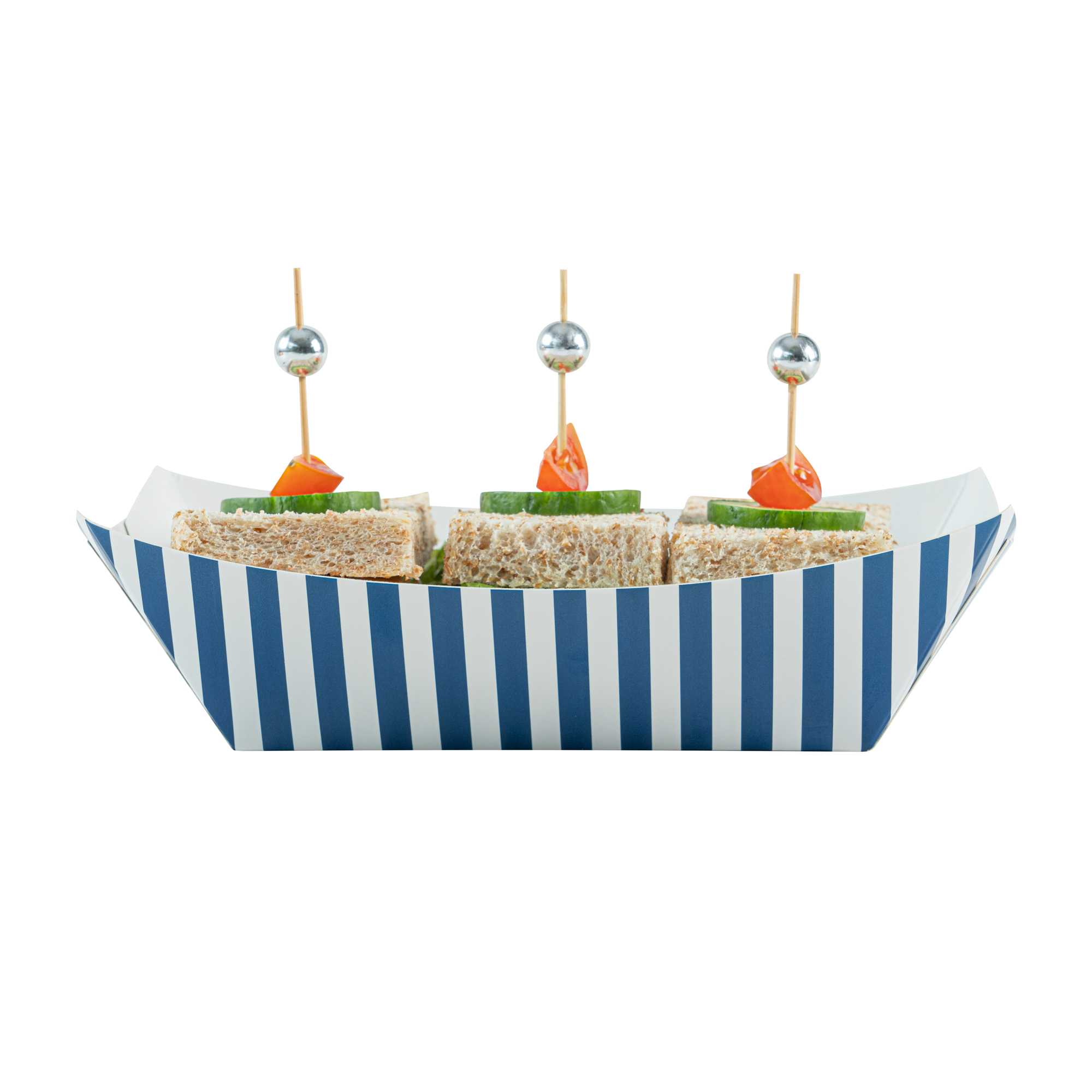 Bio Tek 1 lb Blue and White Stripe Paper #100 Food Tray / Boat - 5 1/2" x 3 1/2" x 2" - 200 count box