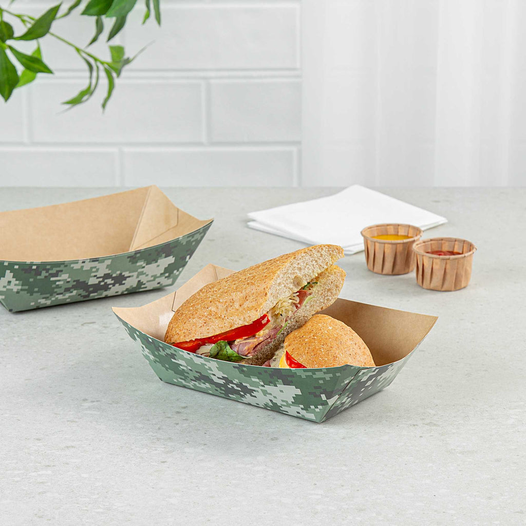 Bio Tek 1 lb Camouflage Paper #100 Food Tray / Boat - 5 1/2" x 3 1/2" x 2" - 50 count box