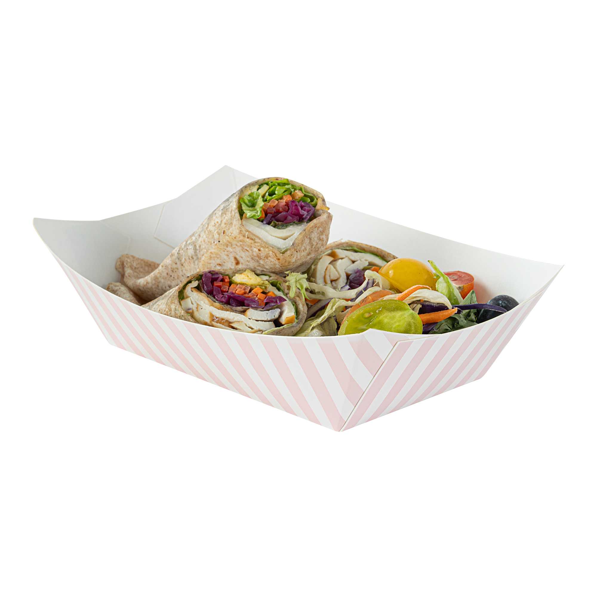 Bio Tek 1 lb Pink and White Stripe Paper #100 Food Tray / Boat - 5 1/2" x 3 1/2" x 2" - 50 count box