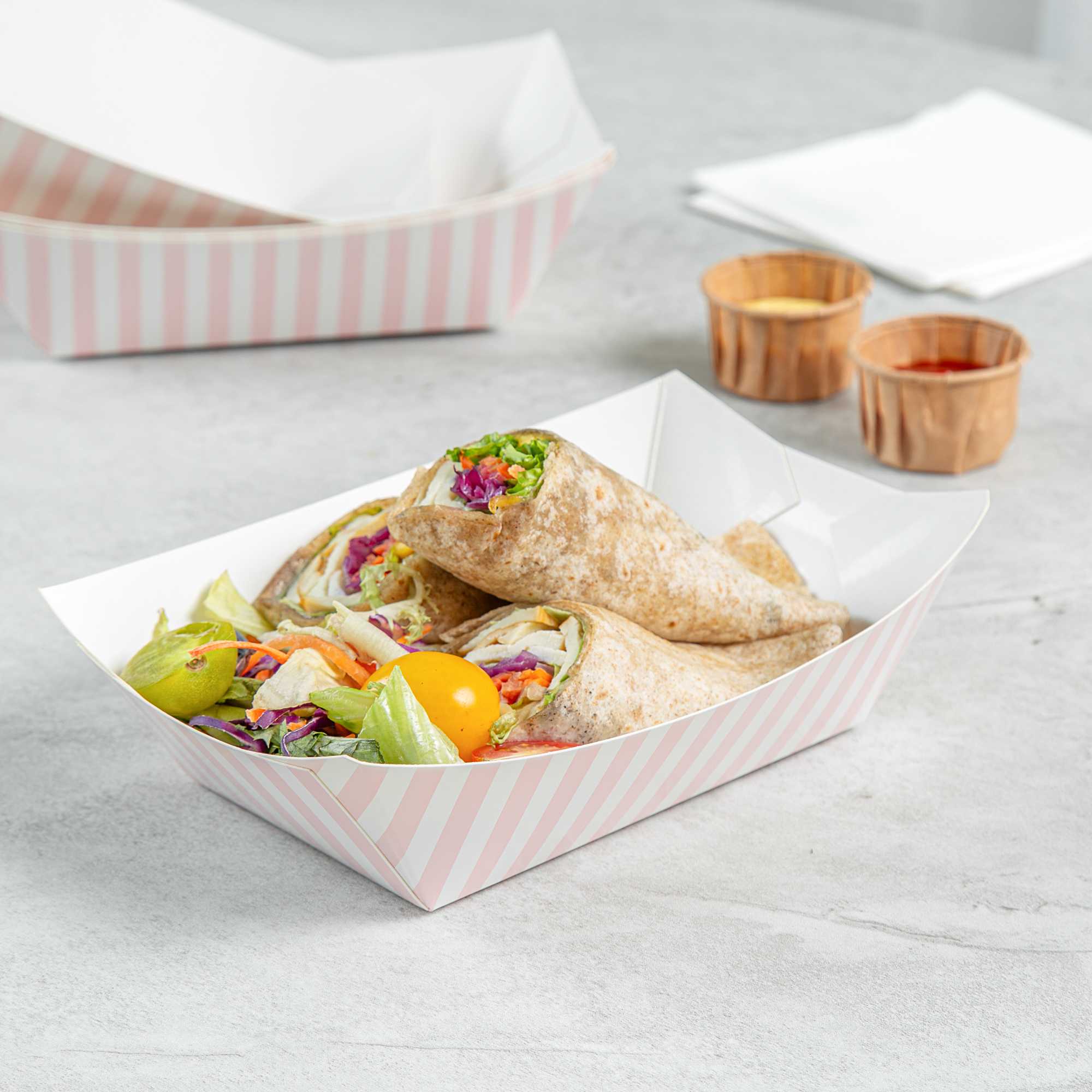 Bio Tek 1 lb Pink and White Stripe Paper #100 Food Tray / Boat - 5 1/2" x 3 1/2" x 2" - 50 count box