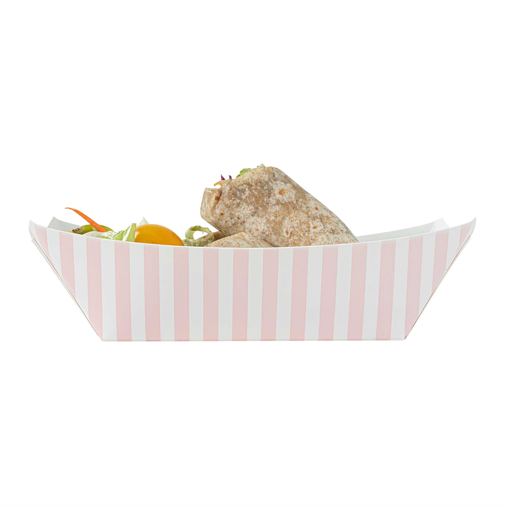Bio Tek 1 lb Pink and White Stripe Paper #100 Food Tray / Boat - 5 1/2" x 3 1/2" x 2" - 50 count box