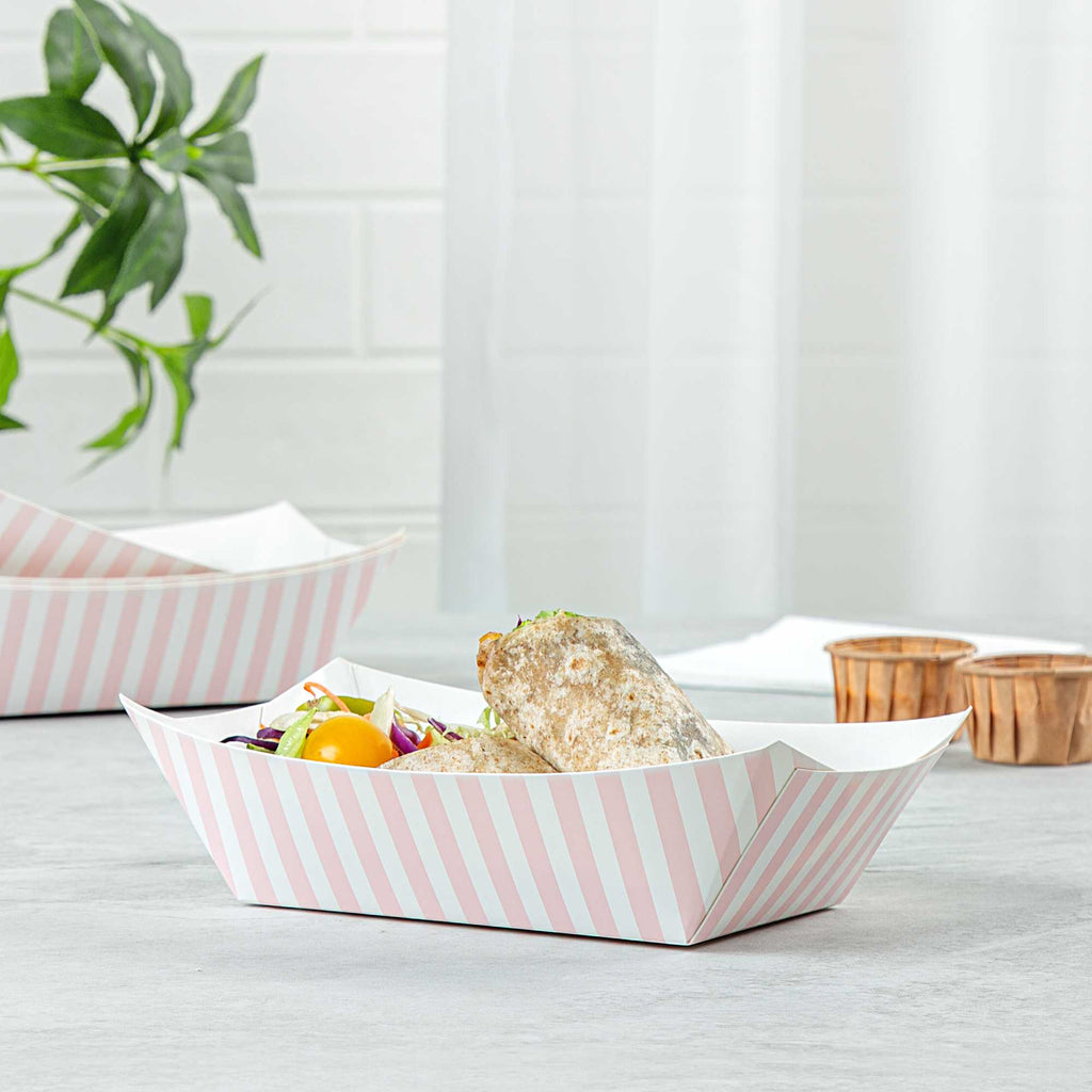 Bio Tek 1 lb Pink and White Stripe Paper #100 Food Tray / Boat - 5 1/2" x 3 1/2" x 2" - 50 count box
