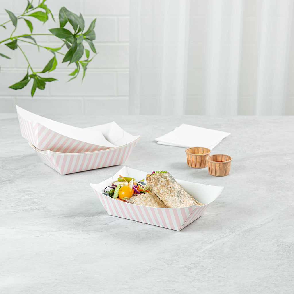 Bio Tek 1 lb Pink and White Stripe Paper #100 Food Tray / Boat - 5 1/2" x 3 1/2" x 2" - 50 count box