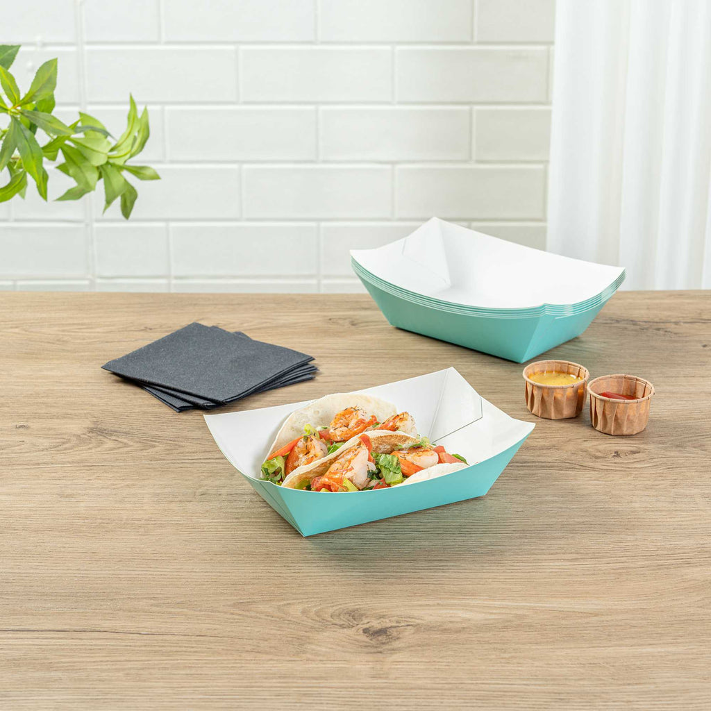 Bio Tek 1 lb Turquoise Paper #100 Food Tray / Boat - 5 1/2" x 3 1/2" x 2" - 50 count box