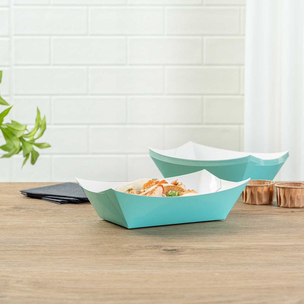 Bio Tek 1 lb Turquoise Paper #100 Food Tray / Boat - 5 1/2" x 3 1/2" x 2" - 50 count box