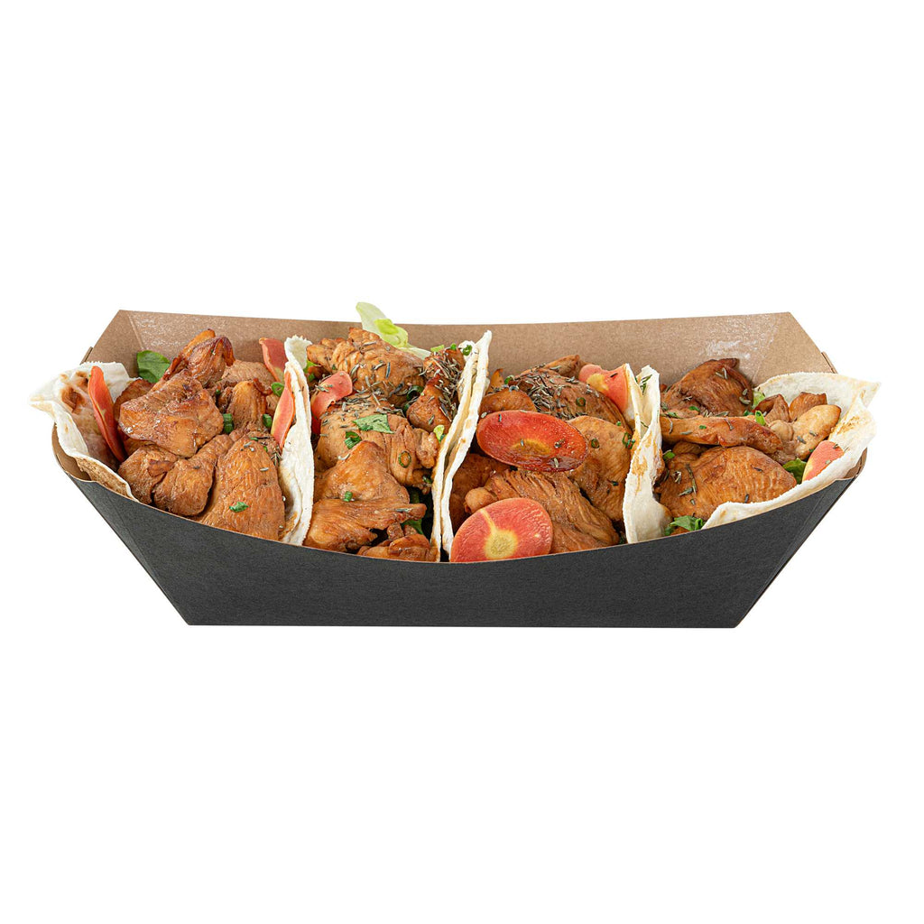 Bio Tek 2 lb Black Paper #200 Food Tray / Boat - 6 1/2" x 3 3/4" x 2 1/4" - 50 count box