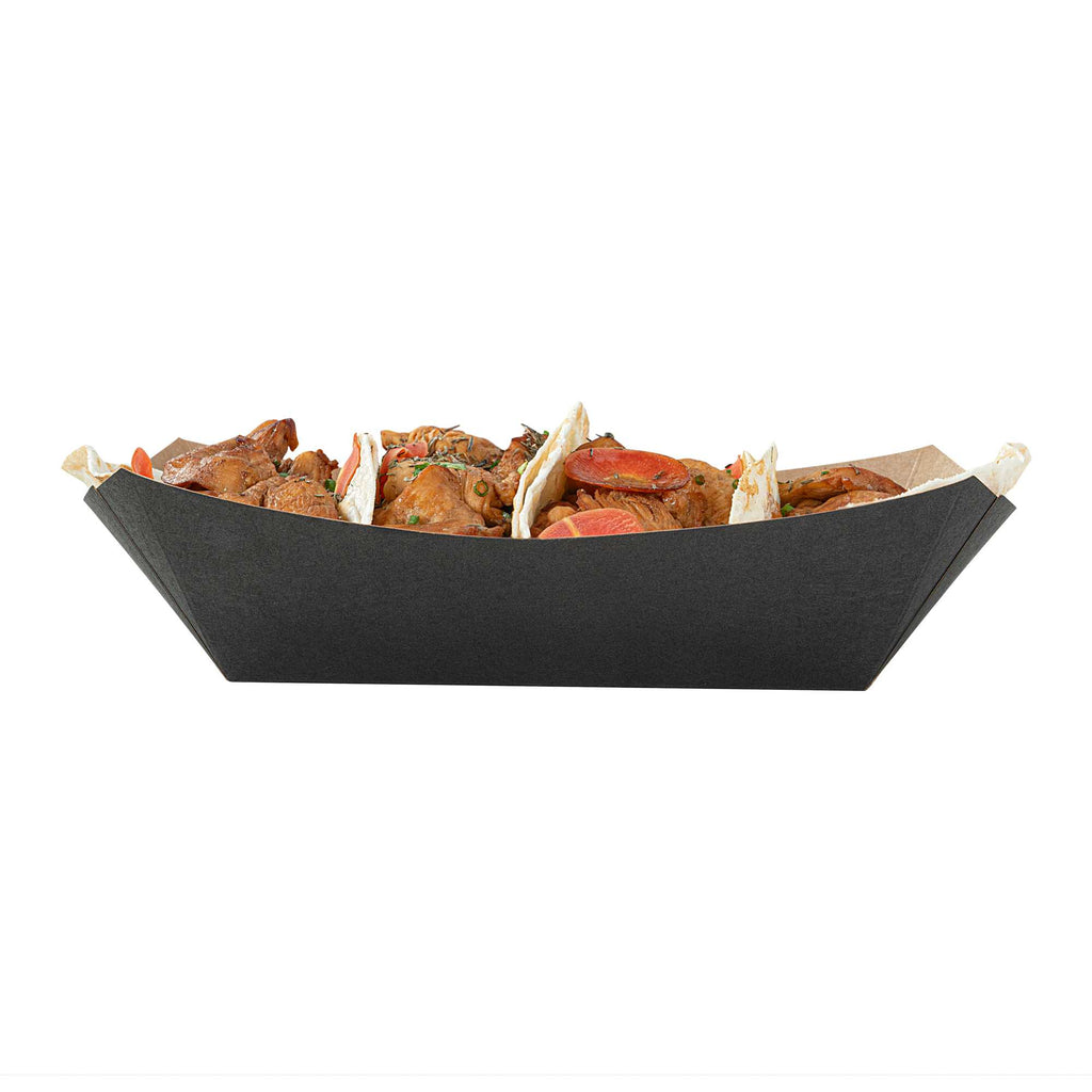 Bio Tek 2 lb Black Paper #200 Food Tray / Boat - 6 1/2" x 3 3/4" x 2 1/4" - 50 count box