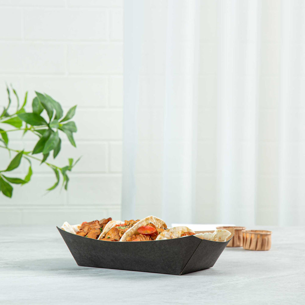 Bio Tek 2 lb Black Paper #200 Food Tray / Boat - 6 1/2" x 3 3/4" x 2 1/4" - 50 count box