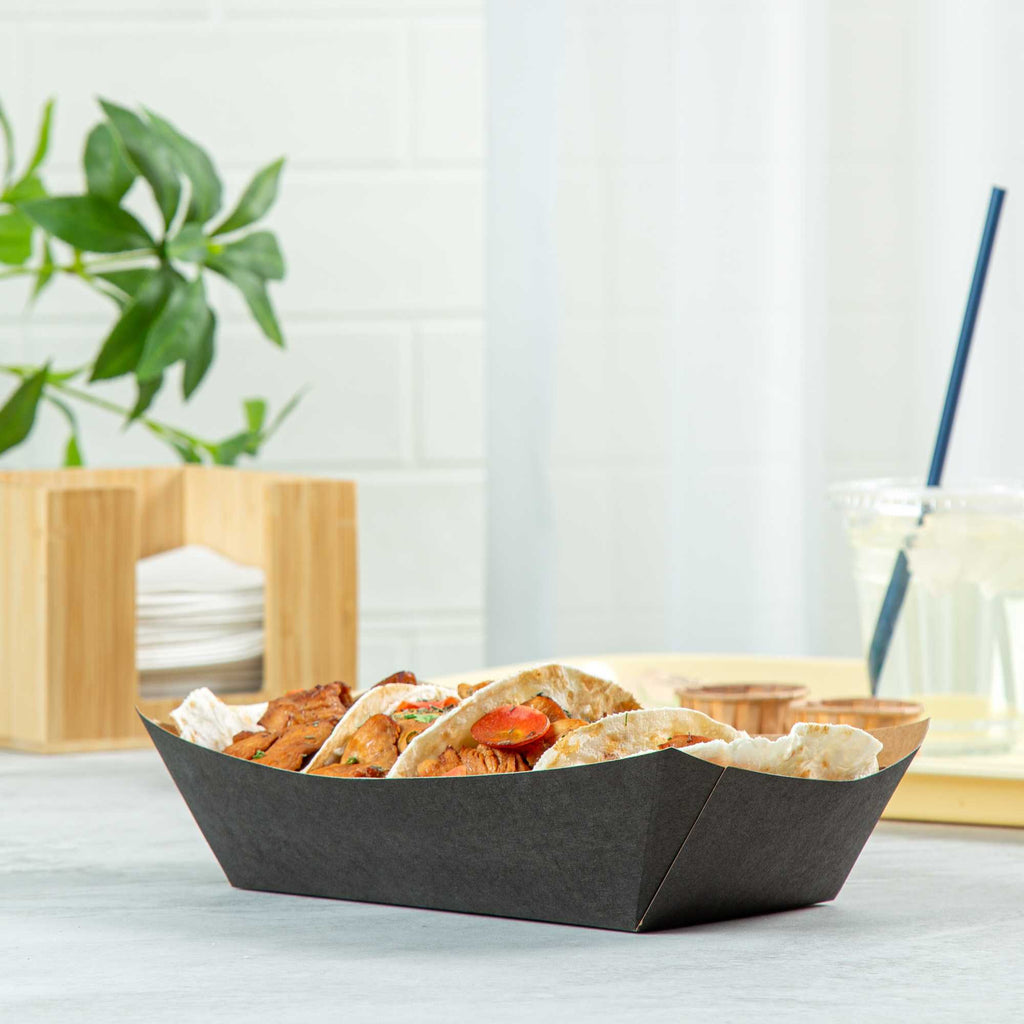 Bio Tek 2 lb Black Paper #200 Food Tray / Boat - 6 1/2" x 3 3/4" x 2 1/4" - 200 count box