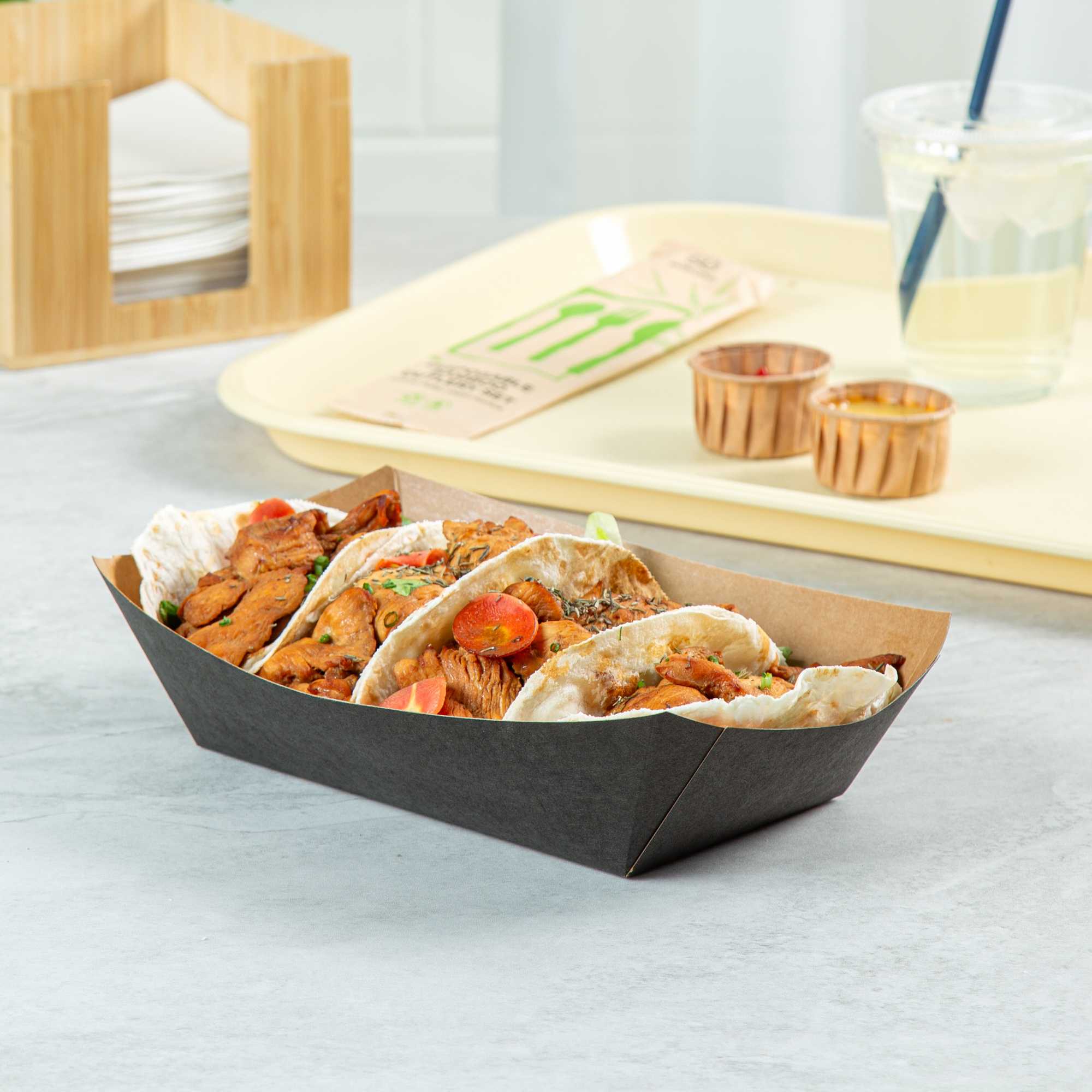 Bio Tek 2 lb Black Paper #200 Food Tray / Boat - 6 1/2" x 3 3/4" x 2 1/4" - 200 count box
