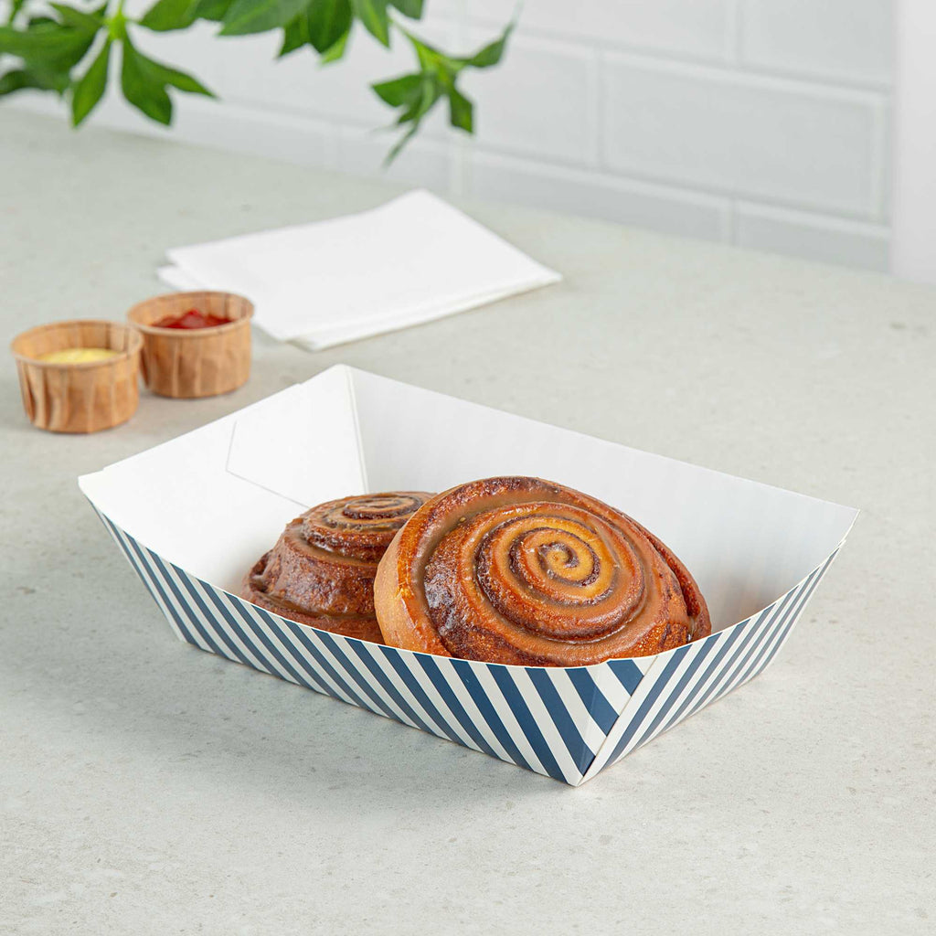 Bio Tek 2 lb Blue and White Stripe Paper #200 Food Tray / Boat - 6 1/2" x 3 3/4" x 2 1/4" - 50 count box