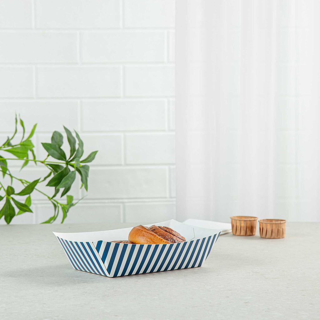 Bio Tek 2 lb Blue and White Stripe Paper #200 Food Tray / Boat - 6 1/2" x 3 3/4" x 2 1/4" - 50 count box