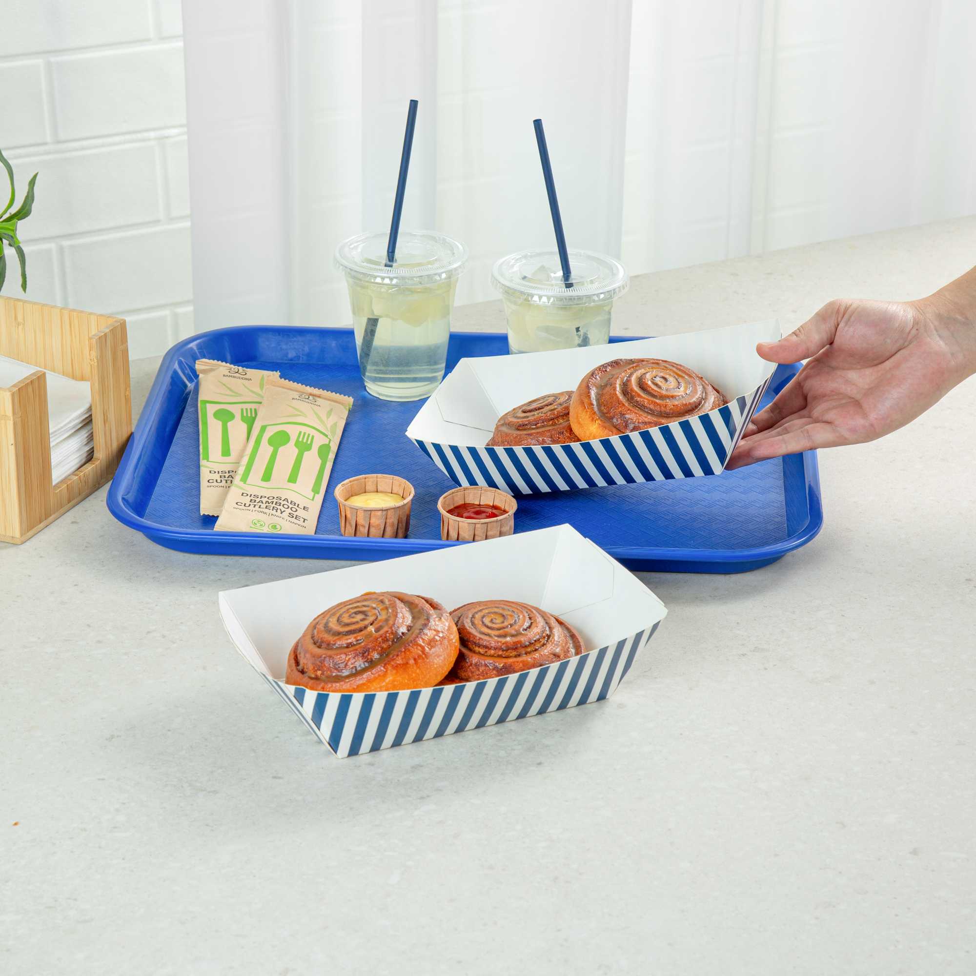 Bio Tek 2 lb Blue and White Stripe Paper #200 Food Tray / Boat - 6 1/2" x 3 3/4" x 2 1/4" - 50 count box