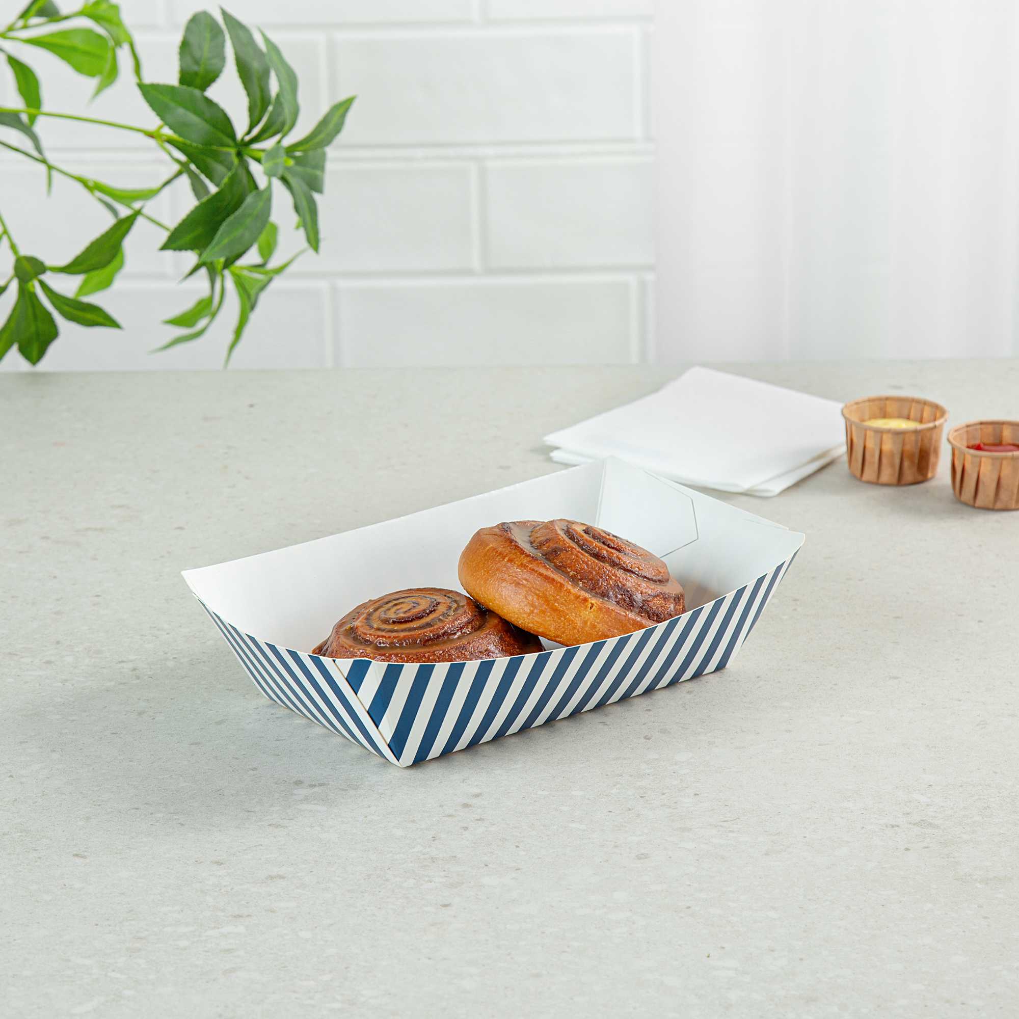 Bio Tek 2 lb Blue and White Stripe Paper #200 Food Tray / Boat - 6 1/2" x 3 3/4" x 2 1/4" - 50 count box