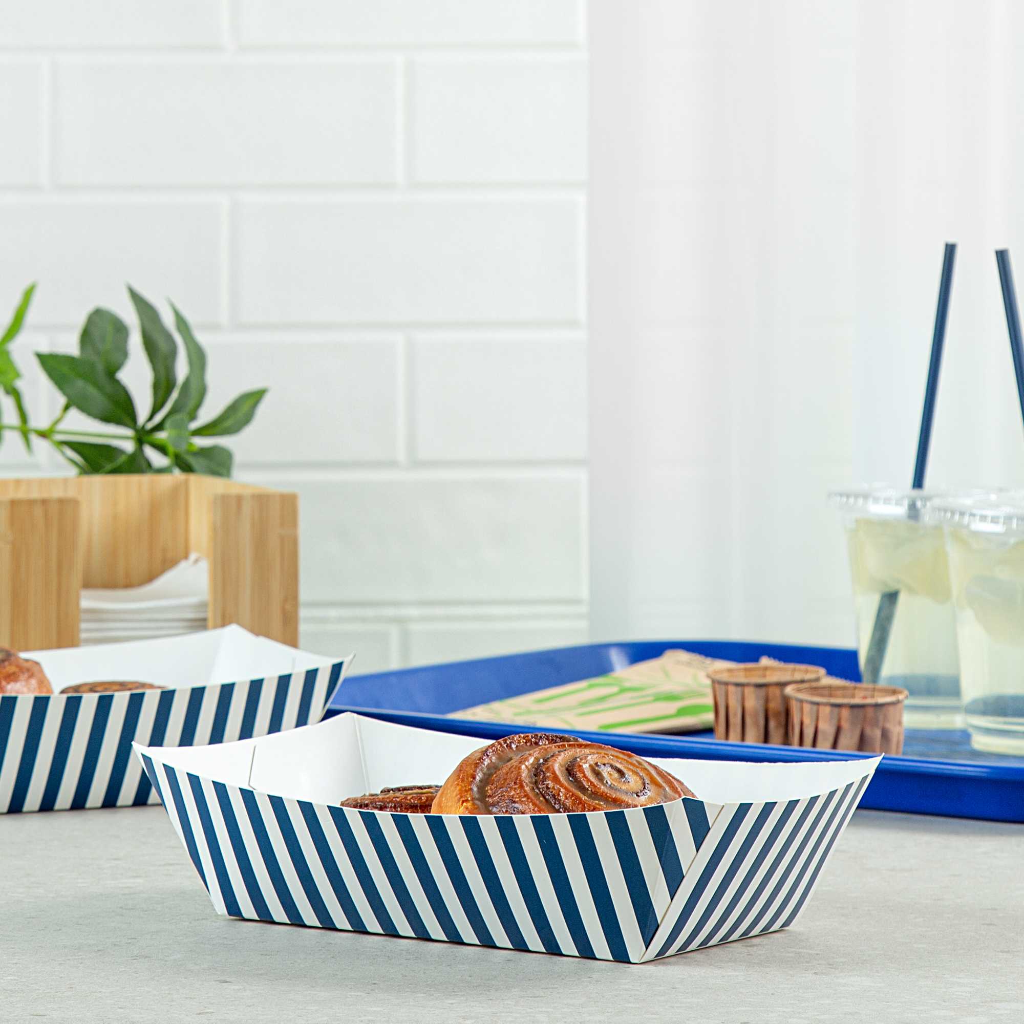 Bio Tek 2 lb Blue and White Stripe Paper #200 Food Tray / Boat - 6 1/2" x 3 3/4" x 2 1/4" - 50 count box