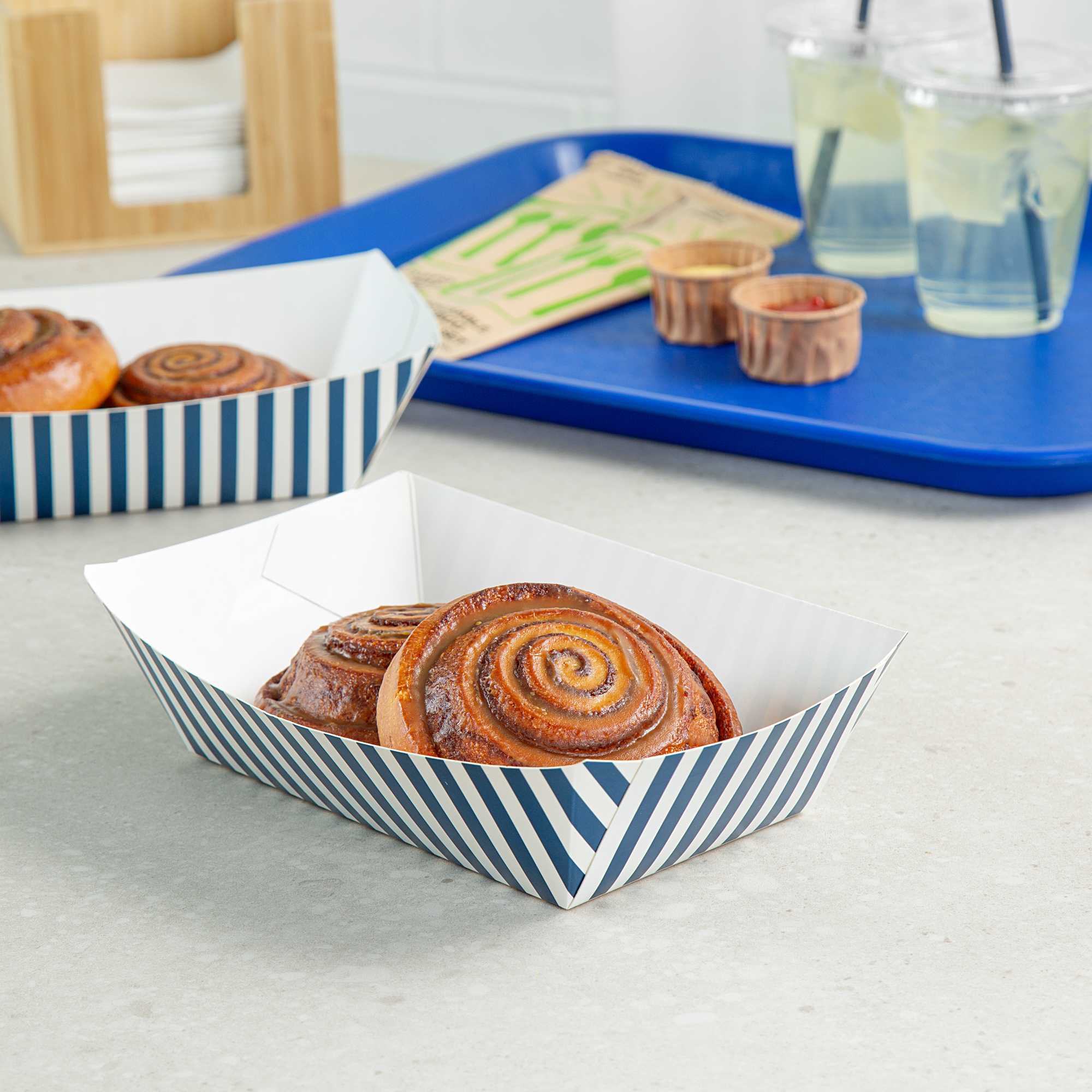 Bio Tek 2 lb Blue and White Stripe Paper #200 Food Tray / Boat - 6 1/2" x 3 3/4" x 2 1/4" - 50 count box