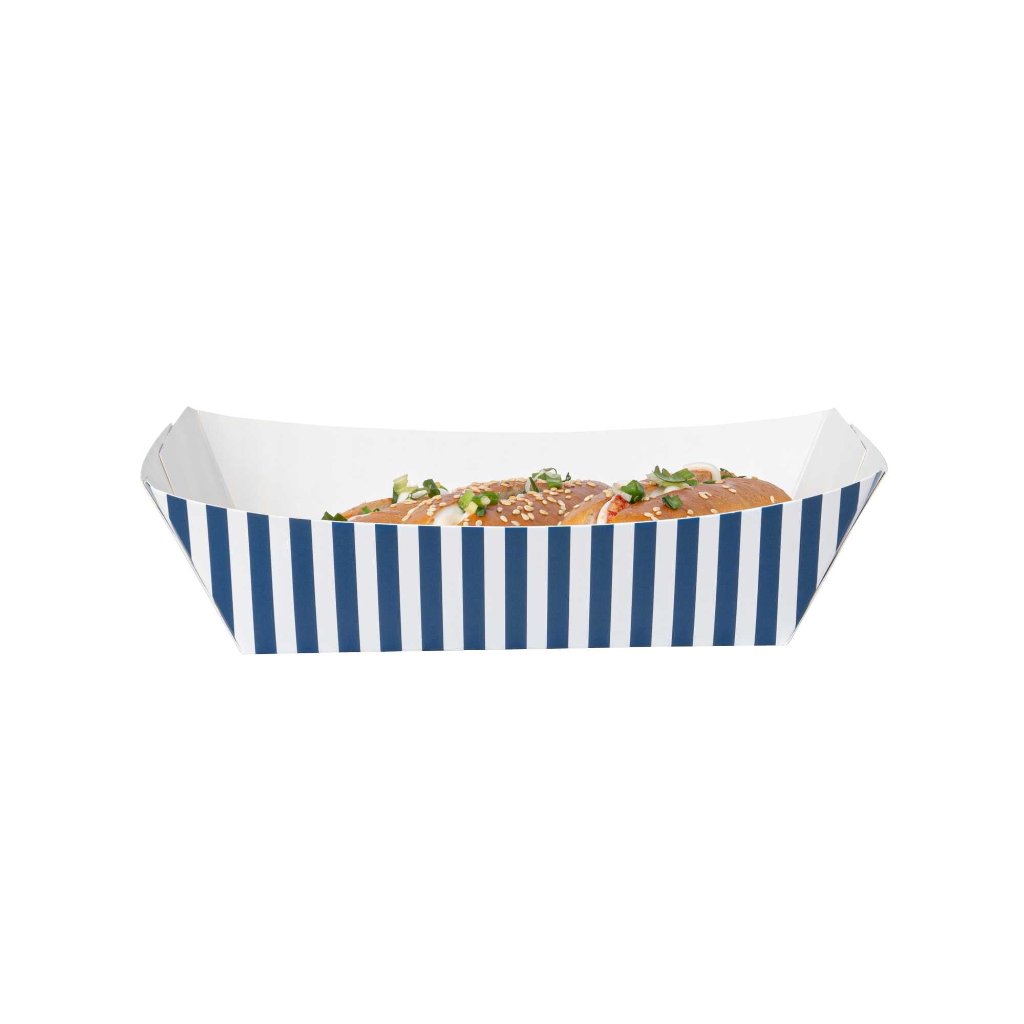 Bio Tek 2 lb Blue and White Stripe Paper #200 Food Tray / Boat - 6 1/2" x 3 3/4" x 2 1/4" - 200 count box