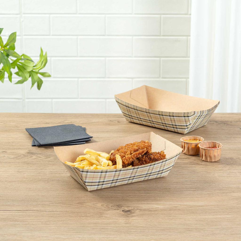 Bio Tek 2 lb Plaid Paper #200 Food Tray / Boat - 6 1/2" x 3 3/4" x 2 1/4" - 50 count box