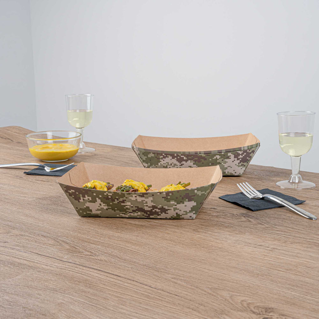 Bio Tek 2 lb Camouflage Paper #200 Food Tray / Boat - 6 1/2" x 3 3/4" x 2 1/4" - 200 count box