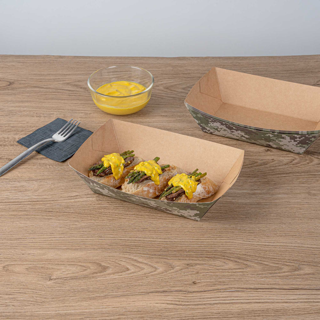 Bio Tek 2 lb Camouflage Paper #200 Food Tray / Boat - 6 1/2" x 3 3/4" x 2 1/4" - 200 count box