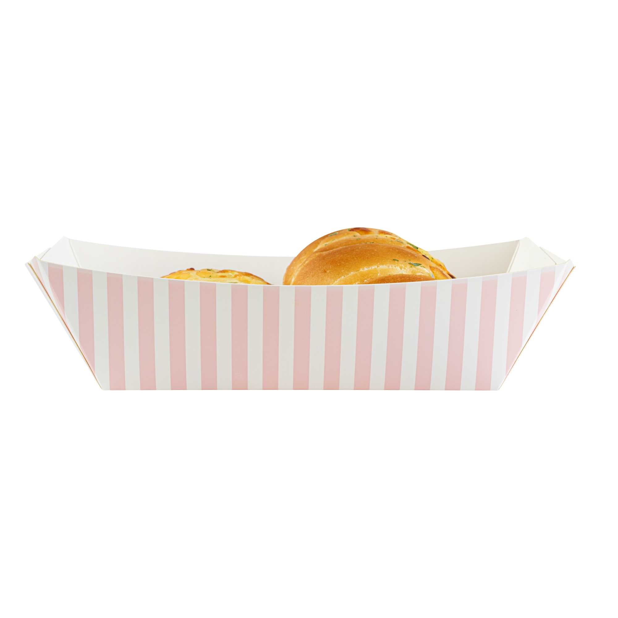 Bio Tek 2 lb Pink and White Stripe Paper #200 Food Tray / Boat - 6 1/2" x 3 3/4" x 2 1/4" - 50 count box