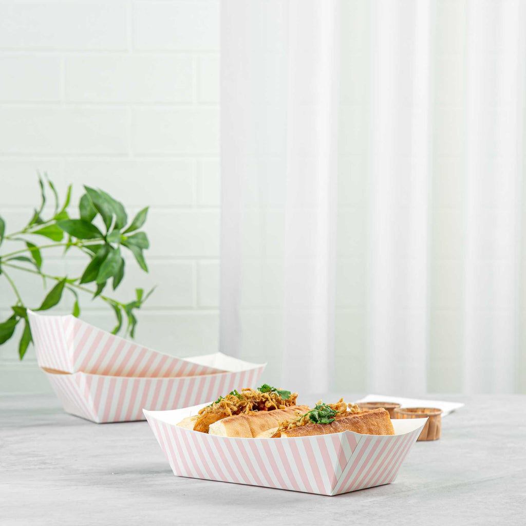 Bio Tek 2 lb Pink and White Stripe Paper #200 Food Tray / Boat - 6 1/2" x 3 3/4" x 2 1/4" - 50 count box