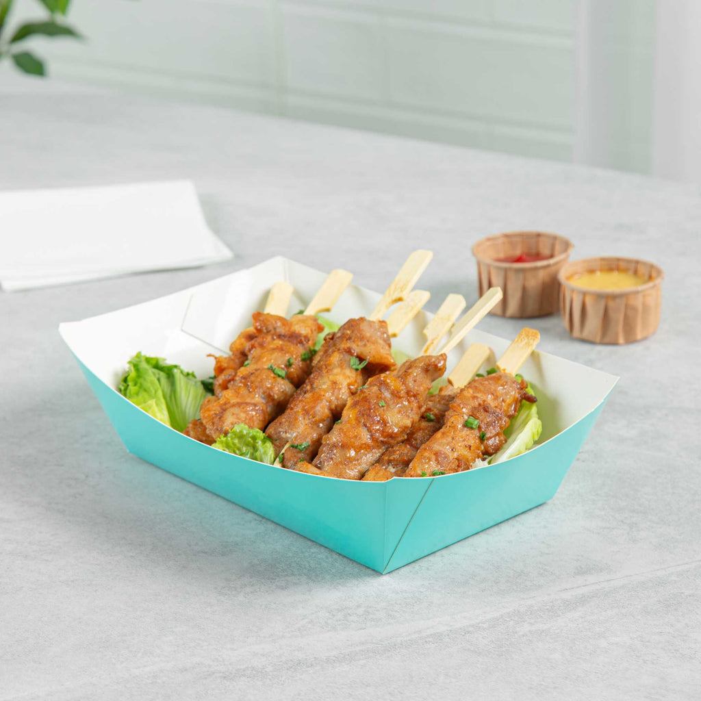 Bio Tek 2 lb Turquoise Paper #200 Food Tray / Boat - 6 1/2" x 3 3/4" x 2 1/4" - 50 count box