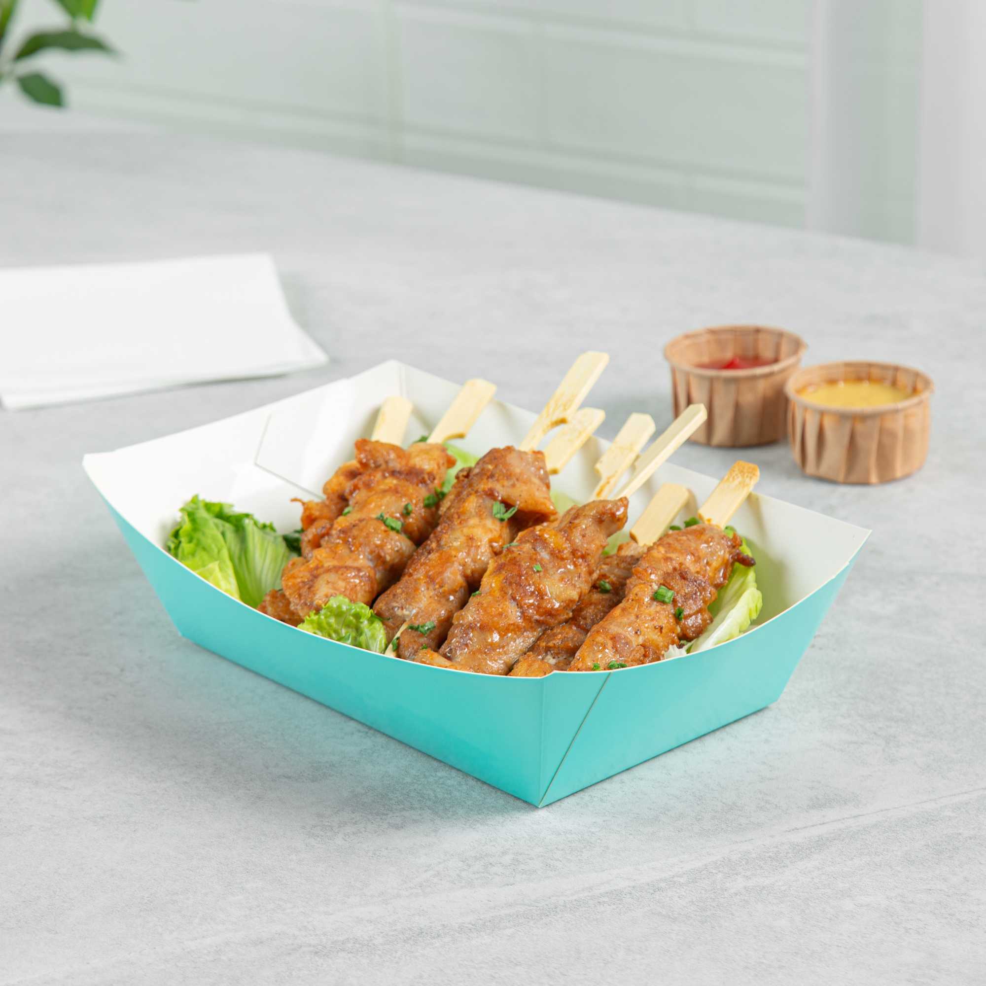 Bio Tek 2 lb Turquoise Paper #200 Food Tray / Boat - 6 1/2" x 3 3/4" x 2 1/4" - 50 count box
