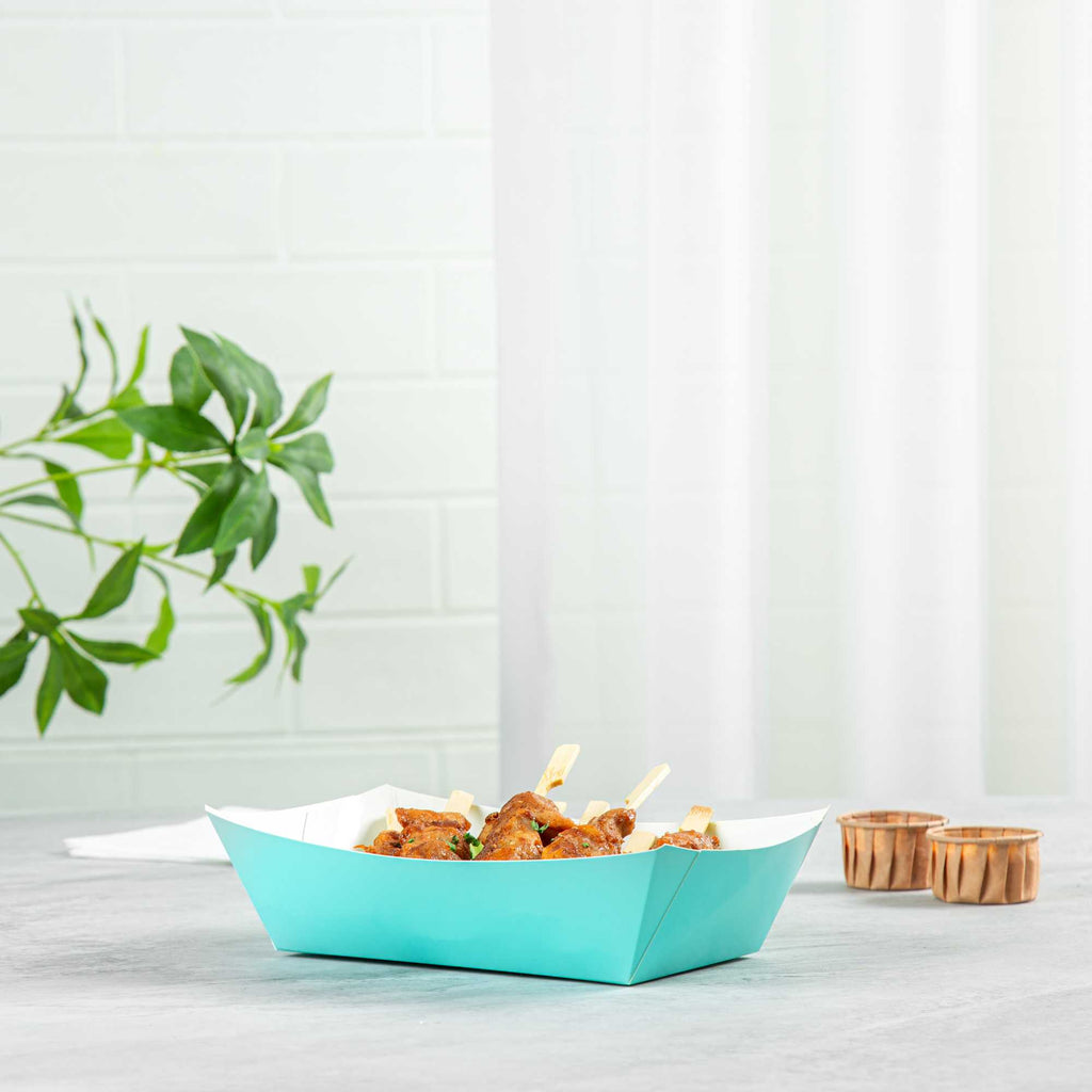 Bio Tek 2 lb Turquoise Paper #200 Food Tray / Boat - 6 1/2" x 3 3/4" x 2 1/4" - 50 count box