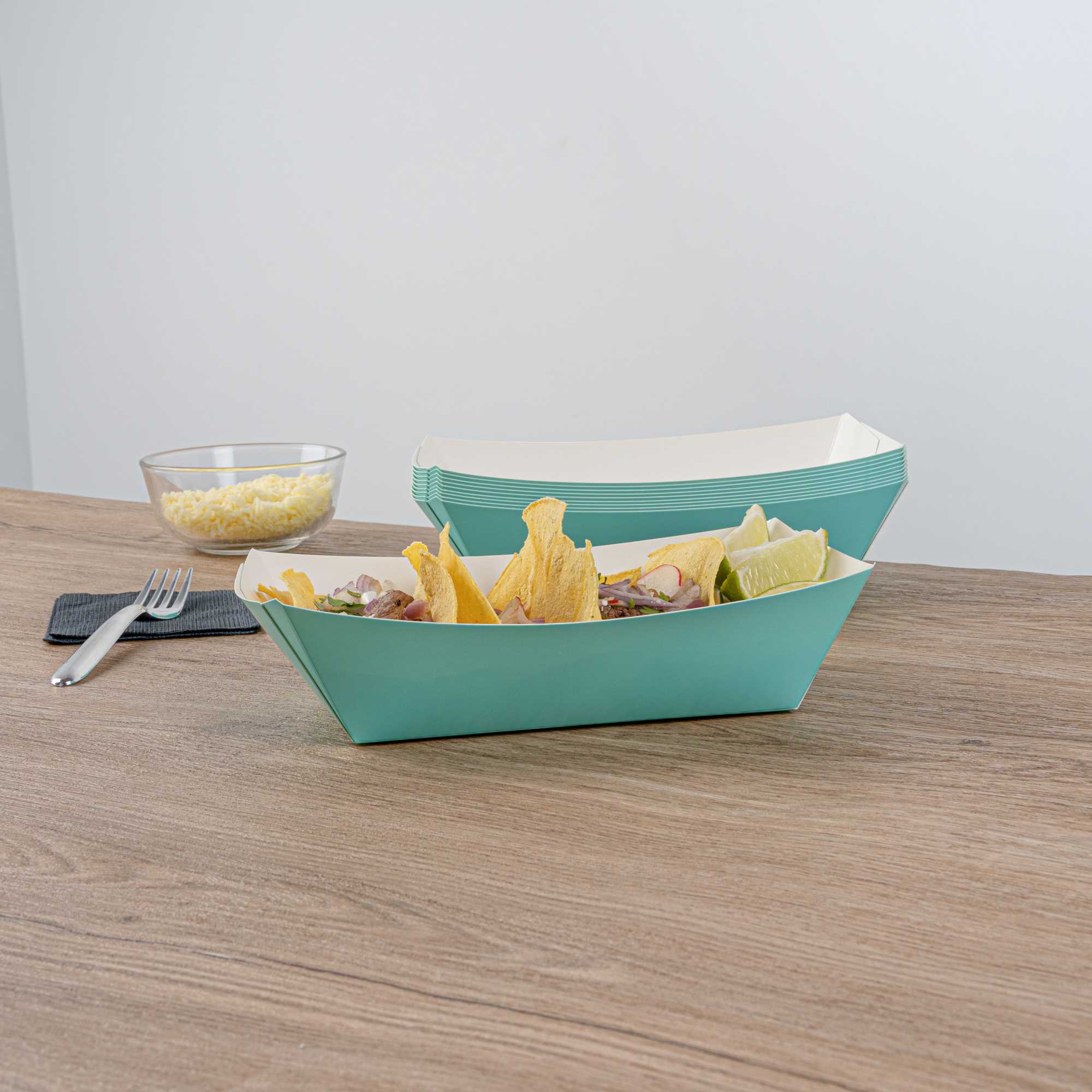 Bio Tek 2 lb Turquoise Paper #200 Food Tray / Boat - 6 1/2" x 3 3/4" x 2 1/4" - 200 count box