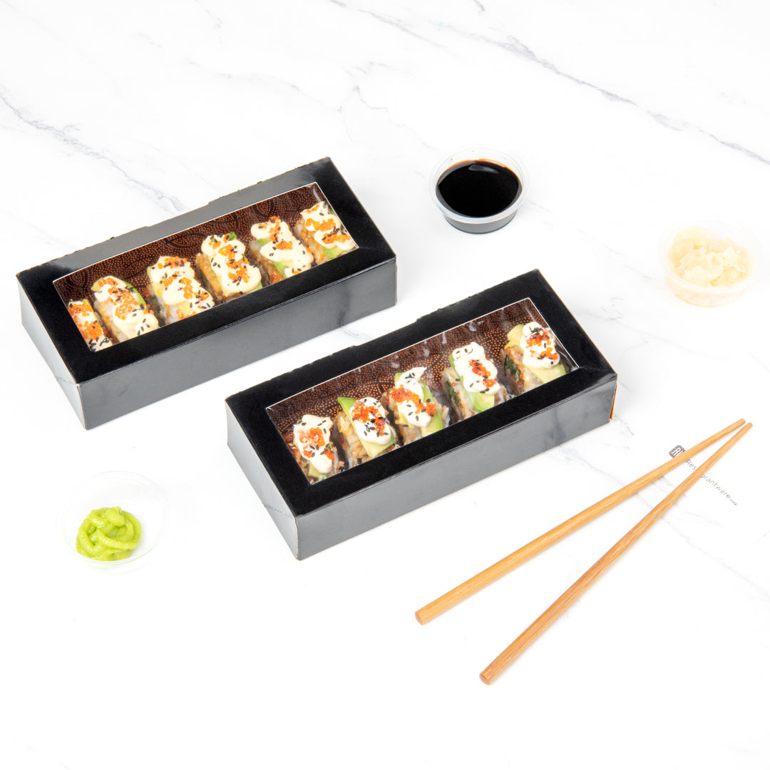 Sakura Vision Black Paper Medium Window Sushi Box - 8" x 3 1/2" x 1 3/4" - 50 count box