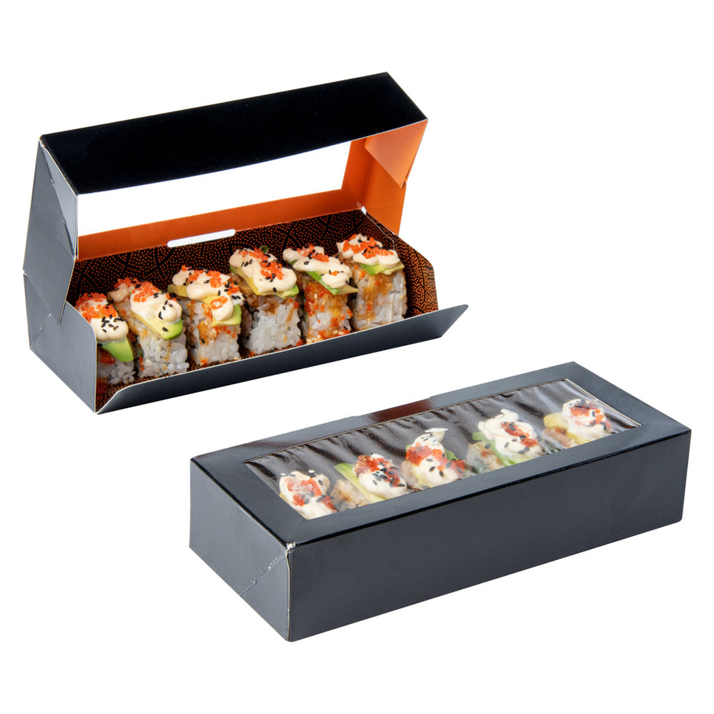 Sakura Vision Black Paper Medium Window Sushi Box - 8" x 3 1/2" x 1 3/4" - 50 count box