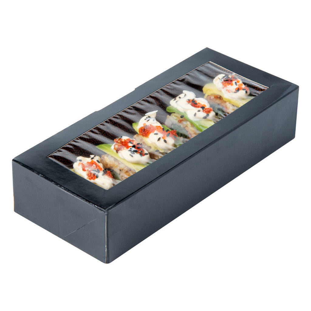 Sakura Vision Black Paper Medium Window Sushi Box - 8" x 3 1/2" x 1 3/4" - 50 count box