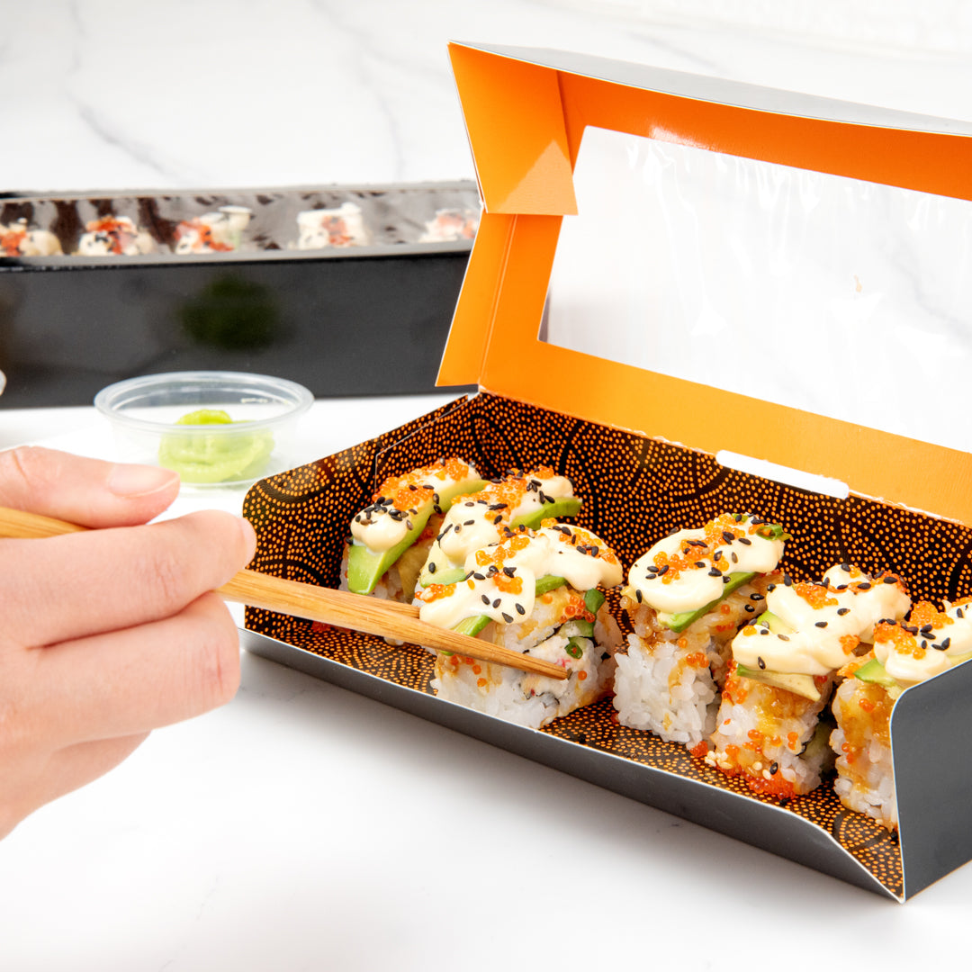 Sakura Vision Black Paper Medium Window Sushi Box - 8" x 3 1/2" x 1 3/4" - 50 count box