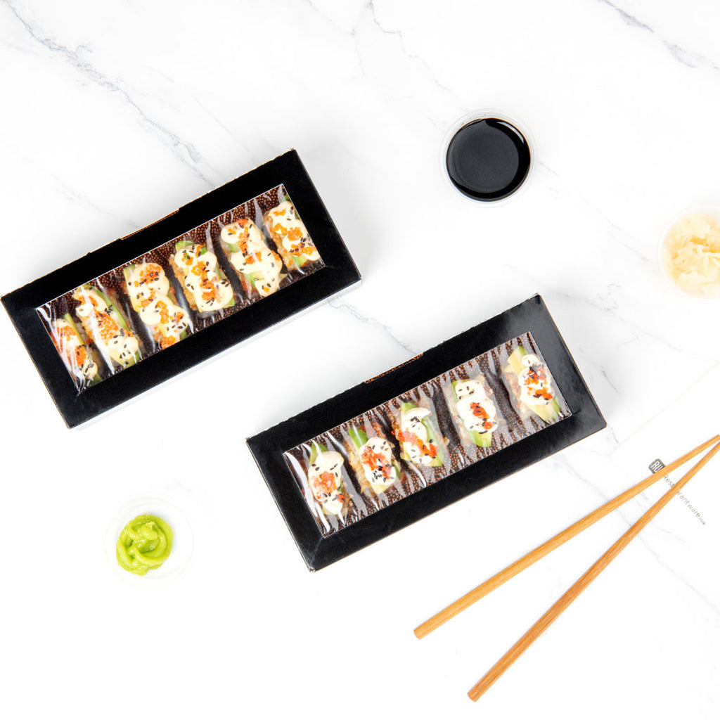 Sakura Vision Black Paper Medium Window Sushi Box - 8" x 3 1/2" x 1 3/4" - 50 count box