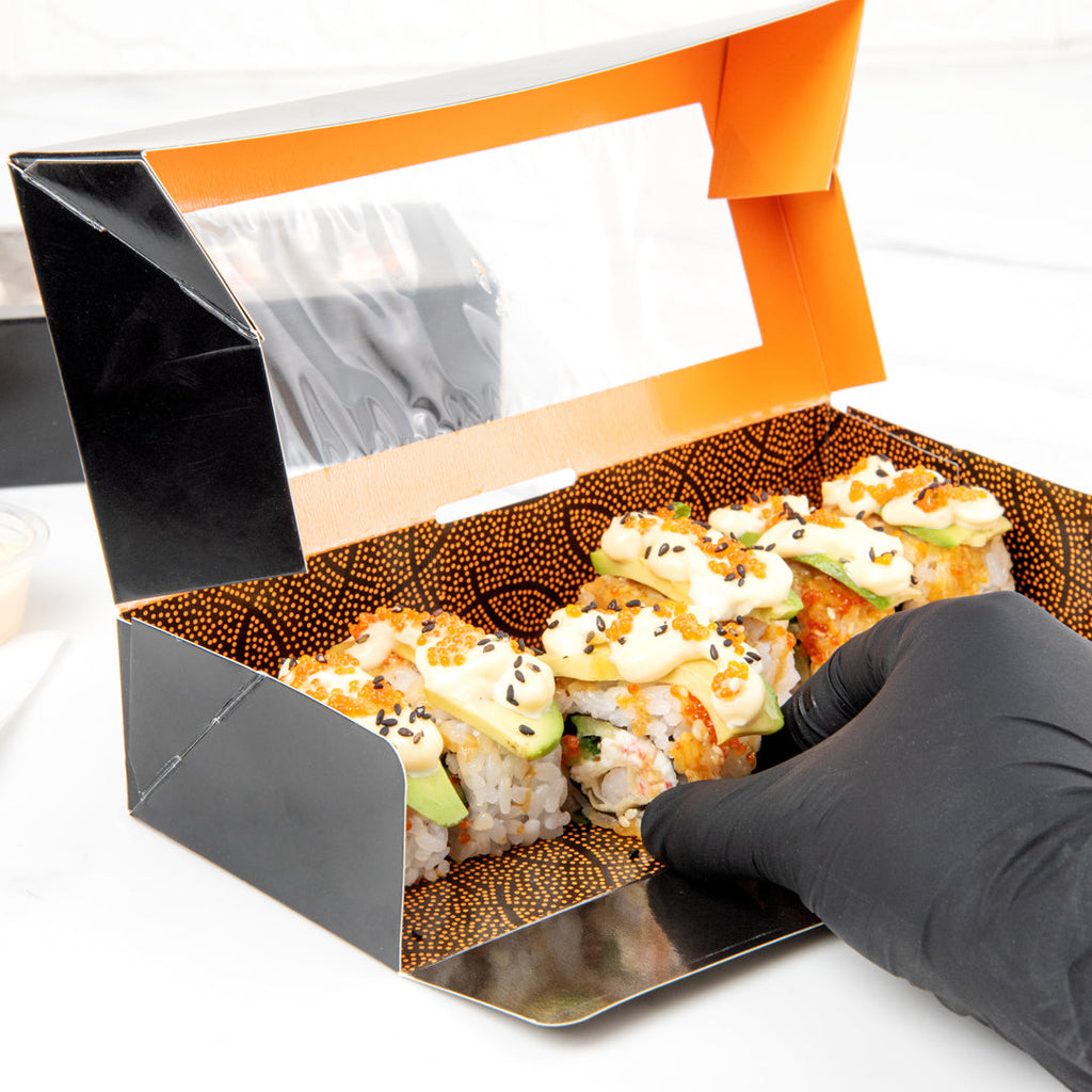 Sakura Vision Black Paper Medium Window Sushi Box - 8" x 3 1/2" x 1 3/4" - 200 count box