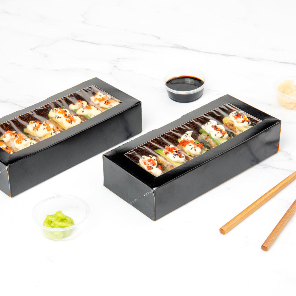 Sakura Vision Black Paper Medium Window Sushi Box - 8" x 3 1/2" x 1 3/4" - 200 count box