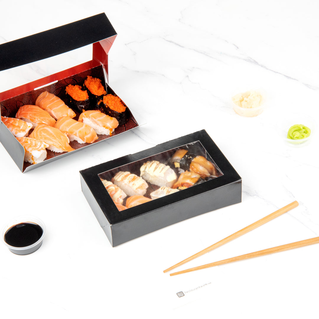 Sakura Vision Black Paper Large Window Sushi Box - 8" x 4 3/4" x 1 3/4" - 200 count box