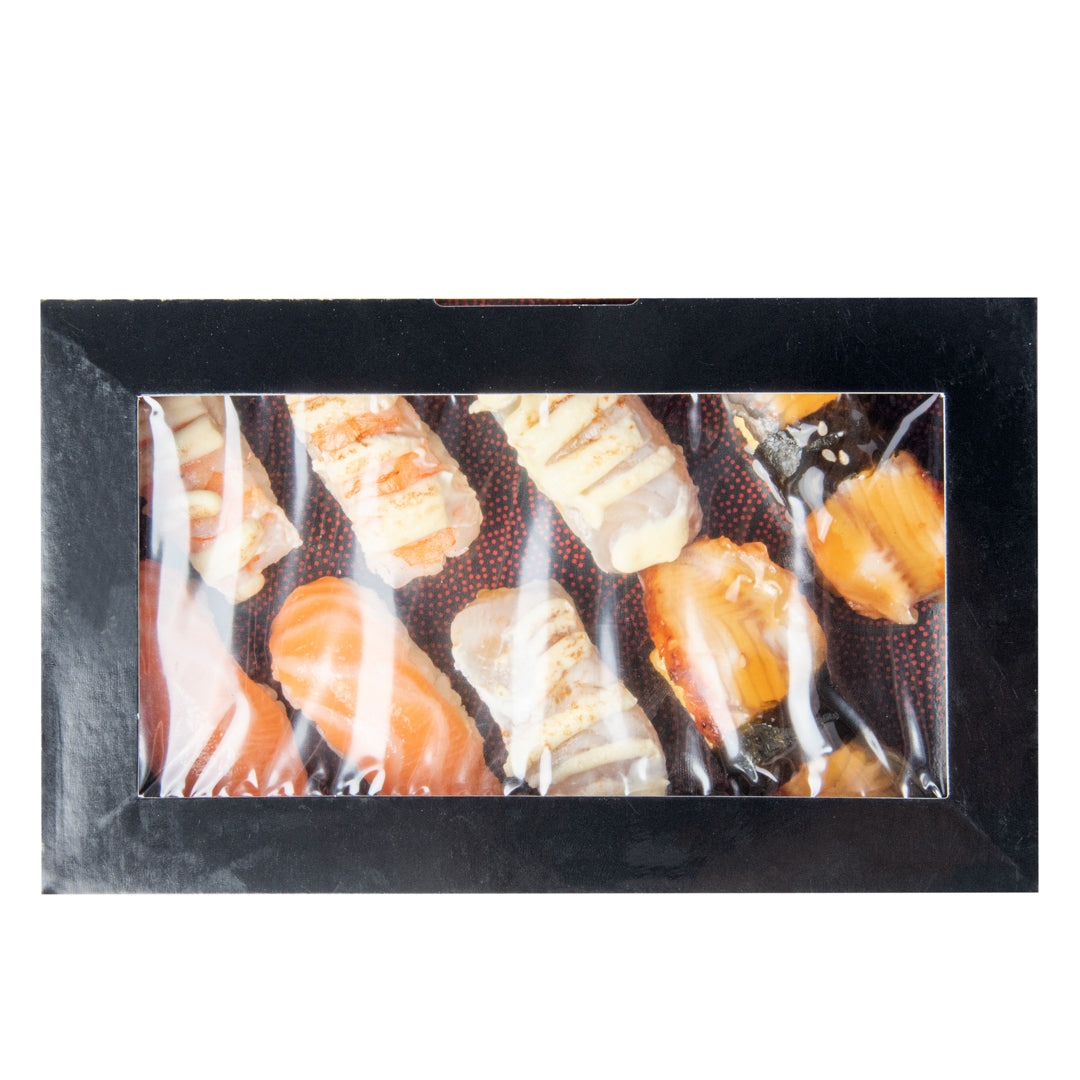 Sakura Vision Black Paper Large Window Sushi Box - 8" x 4 3/4" x 1 3/4" - 50 count box