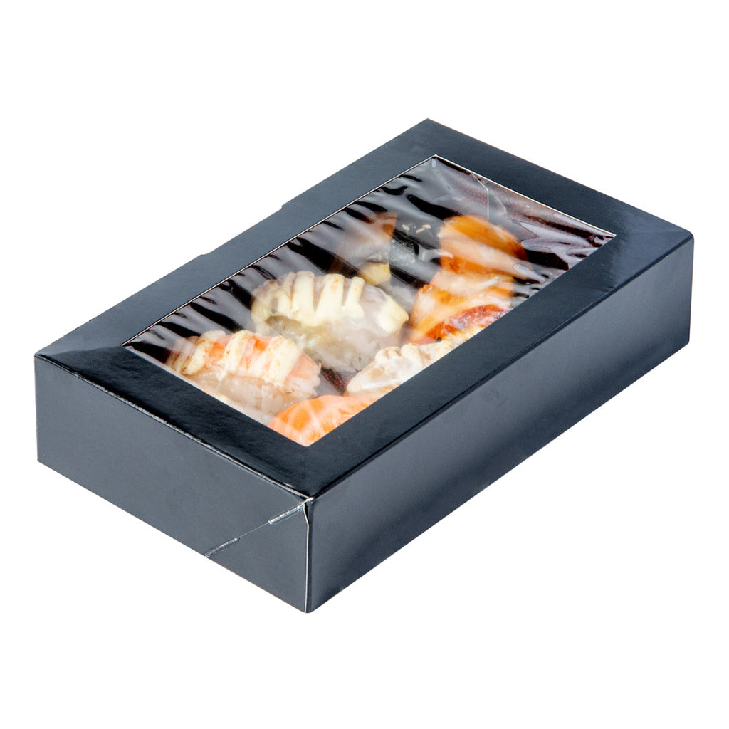 Sakura Vision Black Paper Large Window Sushi Box - 8" x 4 3/4" x 1 3/4" - 50 count box