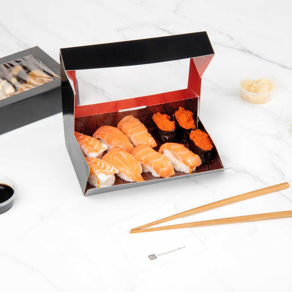 Sakura Vision Black Paper Large Window Sushi Box - 8" x 4 3/4" x 1 3/4" - 50 count box