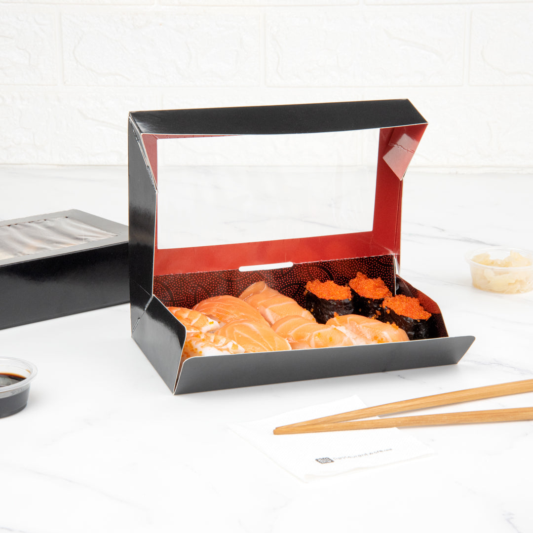 Sakura Vision Black Paper Large Window Sushi Box - 8" x 4 3/4" x 1 3/4" - 200 count box