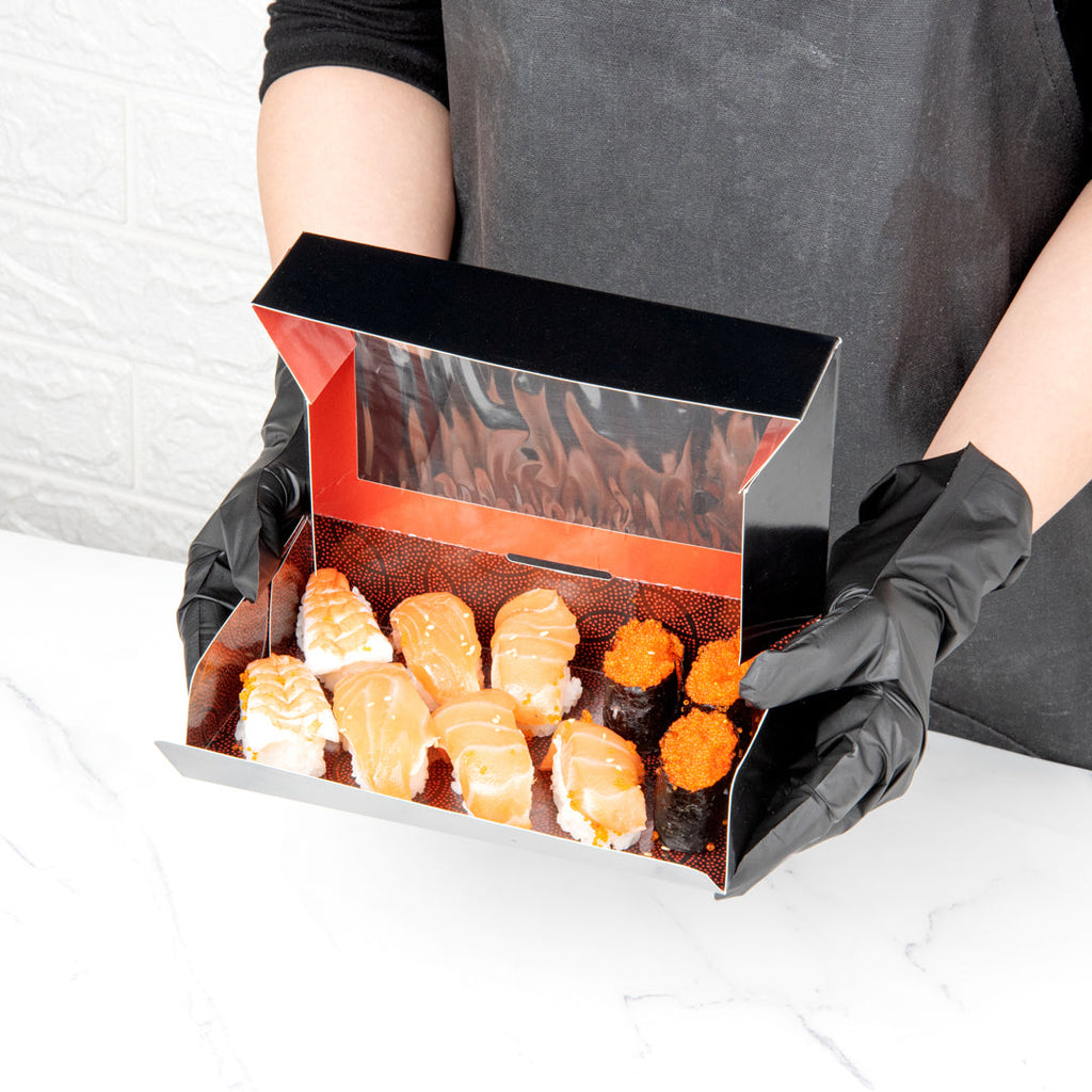 Sakura Vision Black Paper Large Window Sushi Box - 8" x 4 3/4" x 1 3/4" - 200 count box