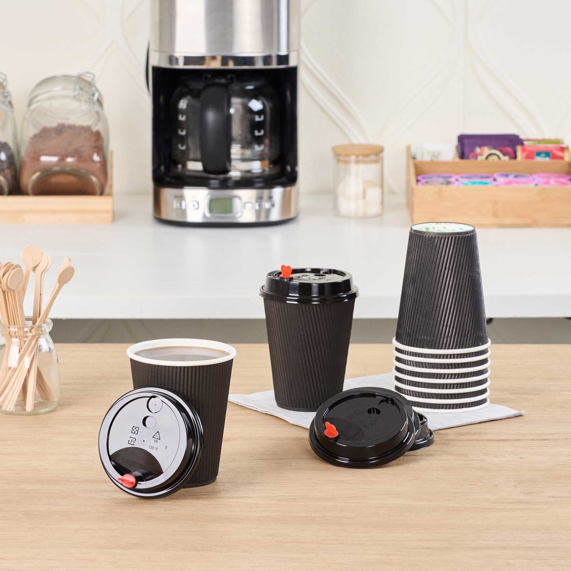 Restpresso Black Plastic Coffee Cup Lid - Fits 8, 12, 16 and 20 oz, with Red Heart Plug - 500 count box