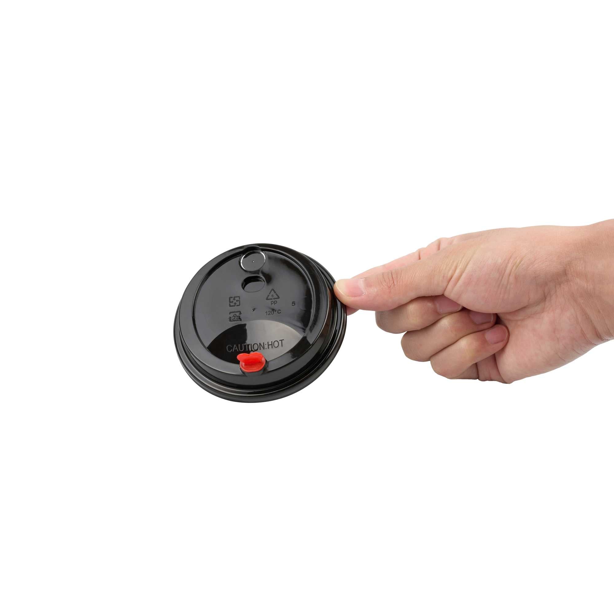 Restpresso Black Plastic Coffee Cup Lid - Fits 8, 12, 16 and 20 oz, with Red Heart Plug - 50 count box