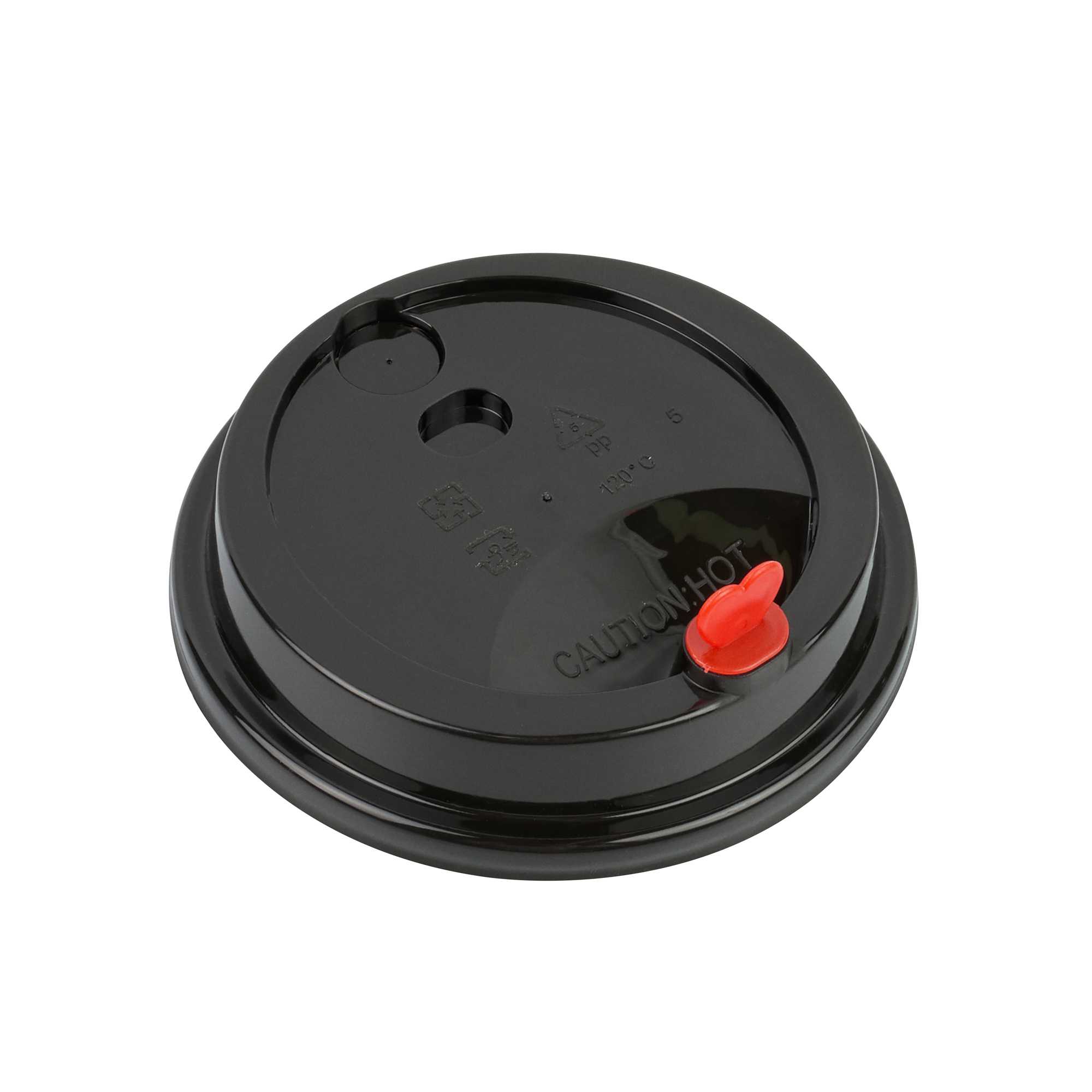 Restpresso Black Plastic Coffee Cup Lid - Fits 8, 12, 16 and 20 oz, with Red Heart Plug - 50 count box