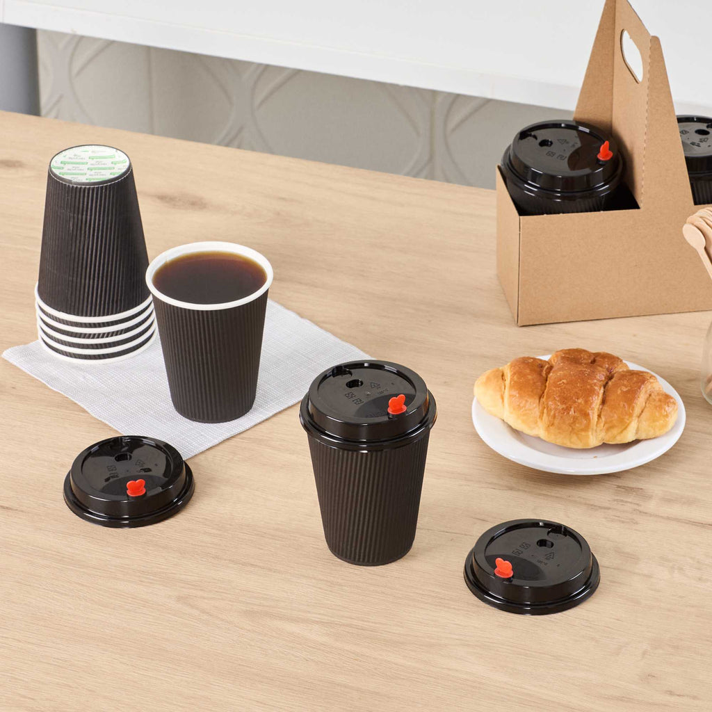 Restpresso Black Plastic Coffee Cup Lid - Fits 8, 12, 16 and 20 oz, with Red Heart Plug - 50 count box