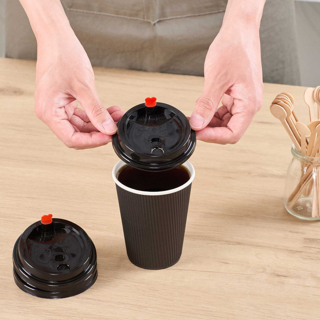 Restpresso Black Plastic Coffee Cup Lid - Fits 8, 12, 16 and 20 oz, with Red Heart Plug - 500 count box