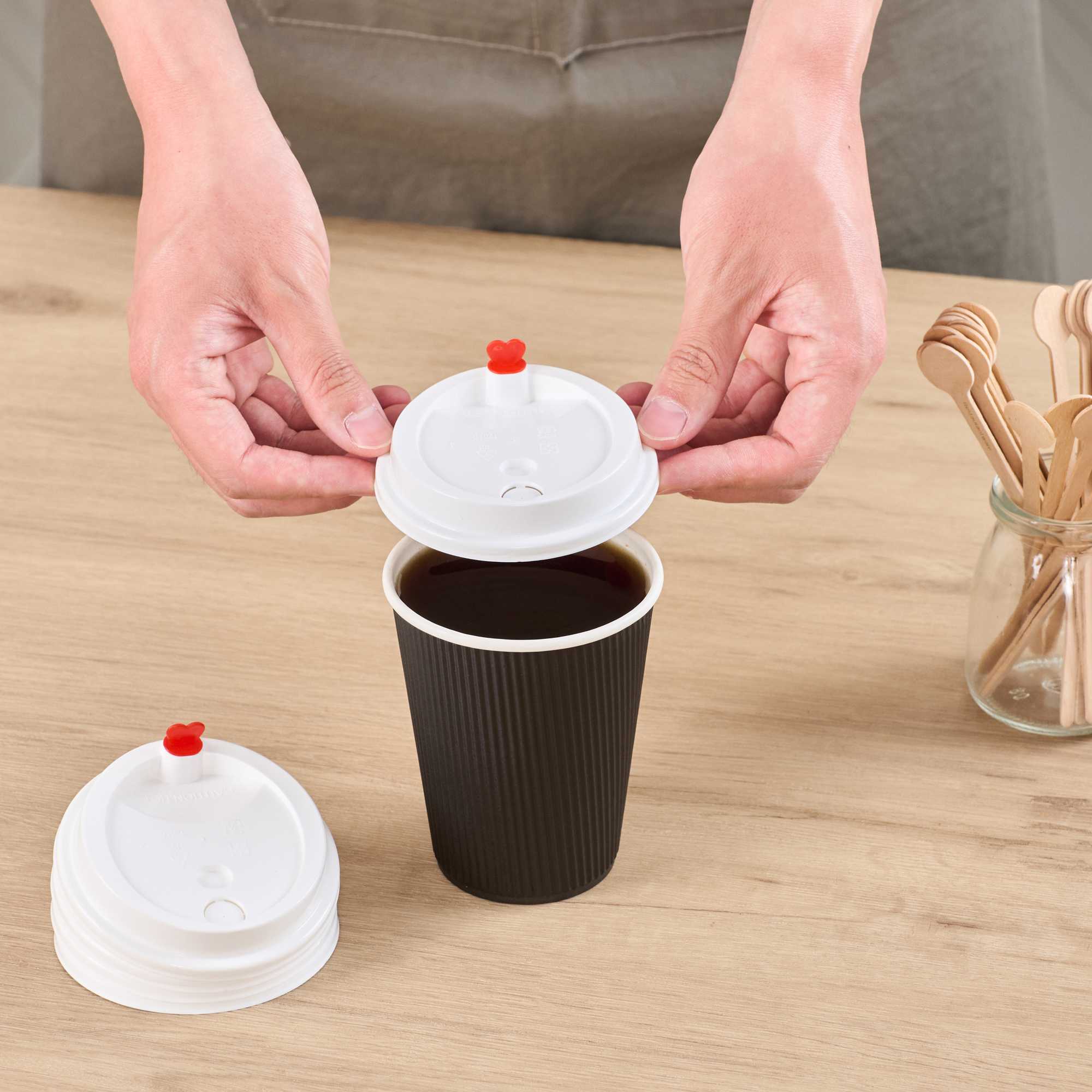 Restpresso White Plastic Coffee Cup Lid - Fits 8, 12, 16 and 20 oz, with Red Heart Plug - 50 count box