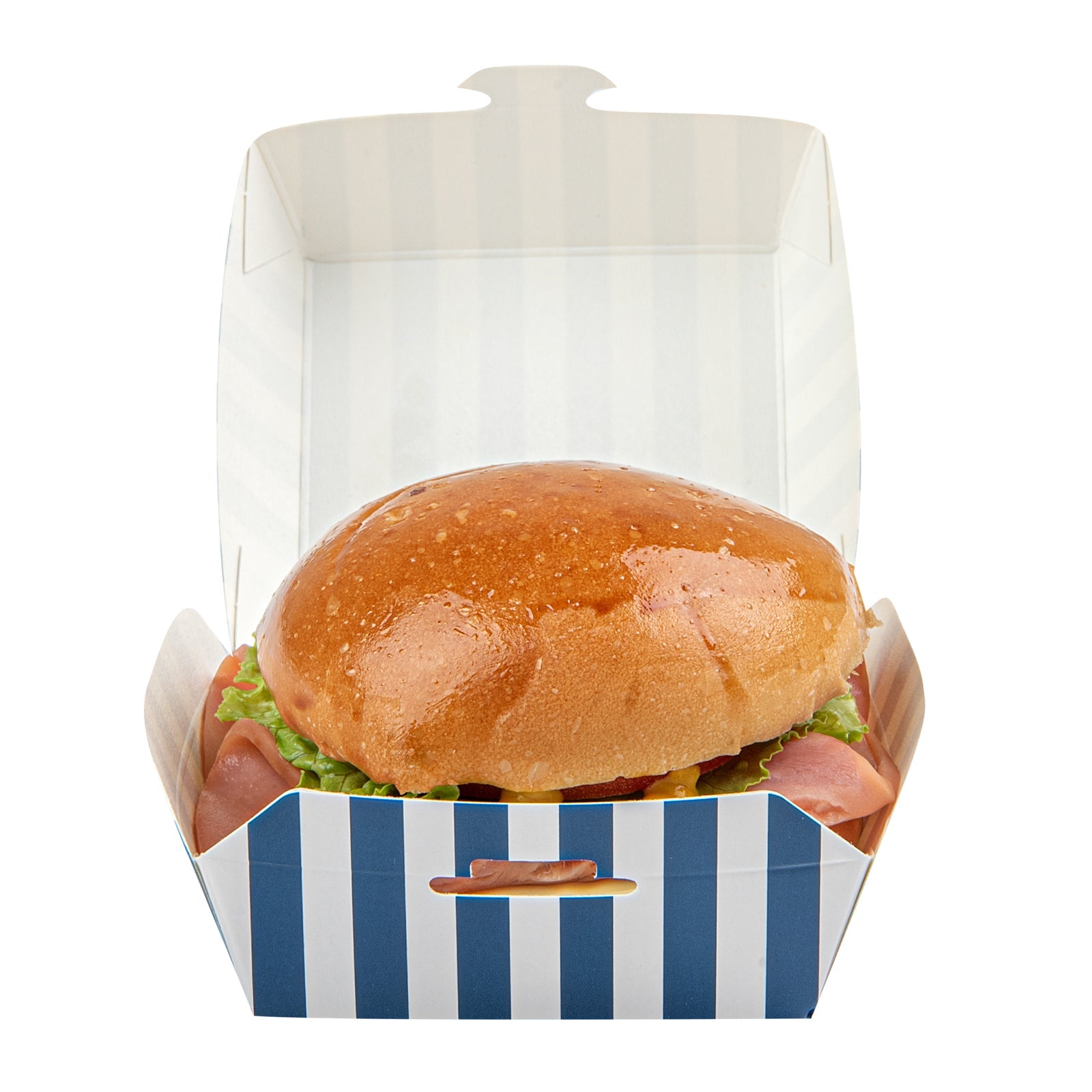 Bio Tek Blue and White Stripe Paper Mini Burger Box - 2 3/4" x 2 3/4" x 2" - 100 count box